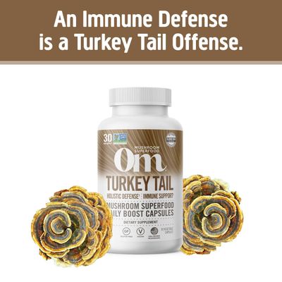 Om Mushroom Superfood Turkey Tail Mushroom Capsules Superfood Supplement, 90 Count, 30 Days, Immune Support, Polysacchrides, Beta-Glucans, Gut Health &amp; Holistic Defense Mushroom Supplement