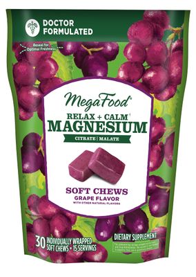 MegaFood Relax + Calm Magnesium Supplement - Soft Chews with Magnesium Citrate &amp; Magnesium Malate for Heart Health, Muscle Tension &amp; More - Vegetarian - Grape-Flavor - 30 Chews (15 Servings)
