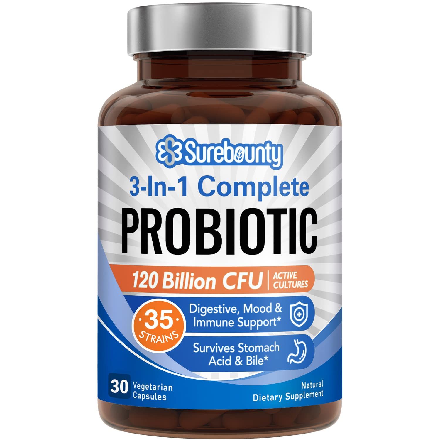 Surebounty Probiotics 120 Billion CFU, Probiotics for Men &amp; Women, Prebiotics + Digestive Enzymes, Highest Potency, 3-in-1 Complete Probiotic, Digestive Support, 30 Caps