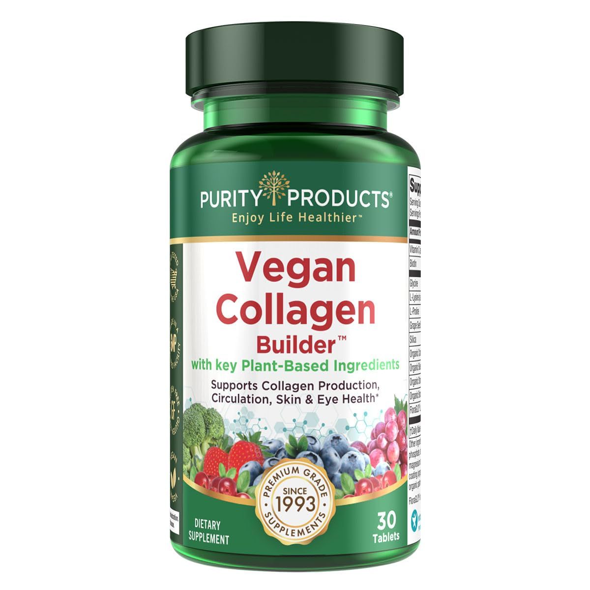 Vegan Collagen Builder - Organic Whole Foods Fruits + Veg, Silica, Lutein, Vitamin C, Biotin, Grape Seed - Amino Acids Glycine, Lysine + Proline Collagen Boosters - Once A Day - 30 Tablets