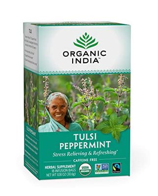 Organic India Tulsi Peppermint Herbal Tea - Holy Basil, Stress Relieving &amp; Refreshing, Immune Support, Aids Digestion, USDA Certified Organic, Fairtrade, Caffeine-Free - 18 Infusion Bags, 1 Pack