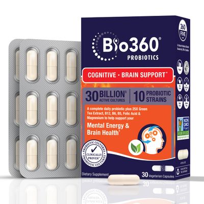 Bio360 Cognitive Support Probiotic for Brain Health, Digestive, Immune Health &amp; Mental Energy, 30 Billion, 10 Probiotics, 25X Green Tea Extract, Magnesium &amp; Vitamin B5, B6 &amp; B12, 30CT