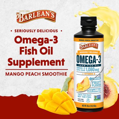 Barlean's Mango Peach Omega 3 Fish Oil Liquid Supplement with Vitamin D, 1080mg EPA & DHA Fatty Acid, Smoothie Flavored & Burpless for Brain, Joint, & Heart Health, 16 oz