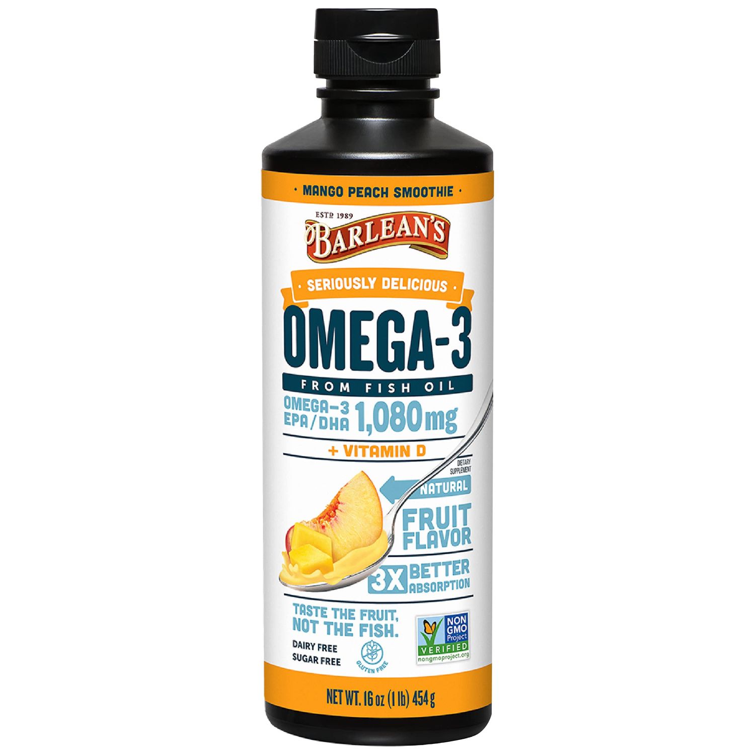 Barlean&#39;s Mango Peach Omega 3 Fish Oil Liquid Supplement with Vitamin D, 1080mg EPA &amp; DHA Fatty Acid, Smoothie Flavored &amp; Burpless for Brain, Joint, &amp; Heart Health, 16 oz