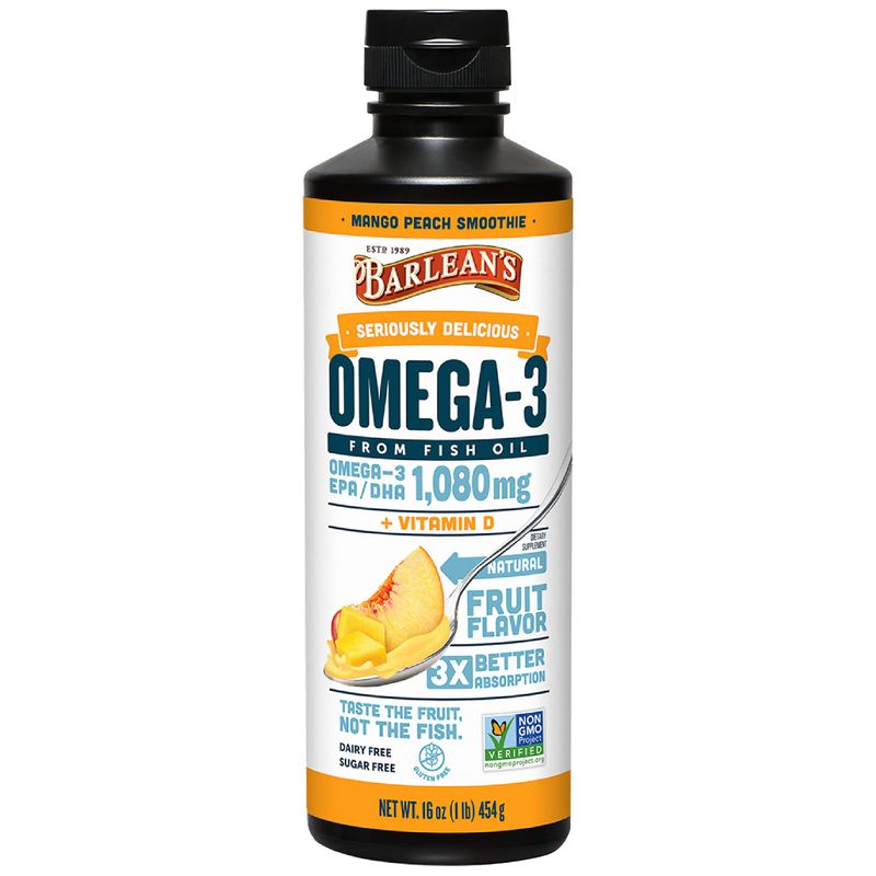 Barlean&#39;s Mango Peach Omega 3 Fish Oil Liquid Supplement with Vitamin D, 1080mg EPA &amp; DHA Fatty Acid, Smoothie Flavored &amp; Burpless for Brain, Joint, &amp; Heart Health, 16 oz
