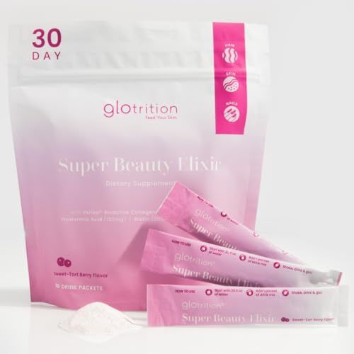 Glotrition Super Beauty Elixir - Collagen Peptides Powder for Skin, Hair &amp; Nail Health. Natural Grass Fed Collagen with Biotin, Hyaluronic Acid &amp; Antioxidants (30ct)