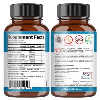 Organic Veda Neem &amp; Turmeric Capsules with Amla Fruit, Tulsi, Holy Basil, Black Pepper Extract - Immune Support Dietary Supplement - Boosts Healthy Clear Skin &amp; Cellular Defense - 120 Vegan Capsules