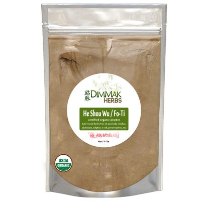 Dimmak Herbs Organic Fo Ti Root Raw Chinese Herb Powder - Cure/Prepared USDA Organic He Shou Wu (Polygonum Multiflorum Preperata) Add to Water or Smoothie 1 4oz/112g Bag