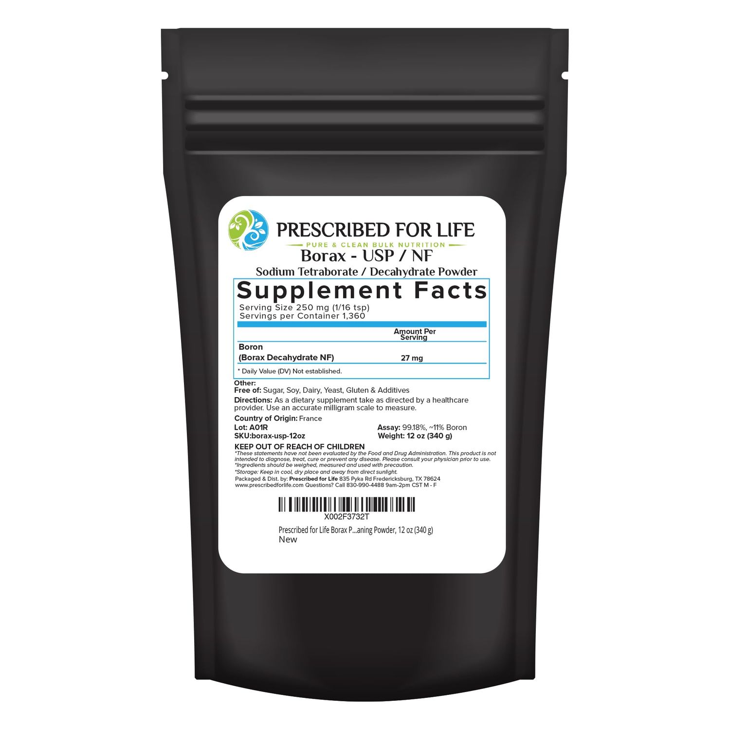 Prescribed for Life Borax Powder | Pure USP-NF Grade All Natural Sodium Borate Powder | Household Laundry Booster, Slime Activator &amp; Multipurpose Cleaning Powder (12oz / 340g)