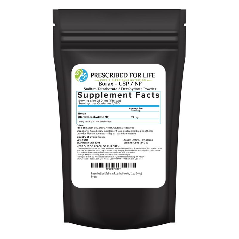 Prescribed for Life Borax Powder | Pure USP-NF Grade All Natural Sodium Borate Powder | Household Laundry Booster, Slime Activator &amp; Multipurpose Cleaning Powder (12oz / 340g)