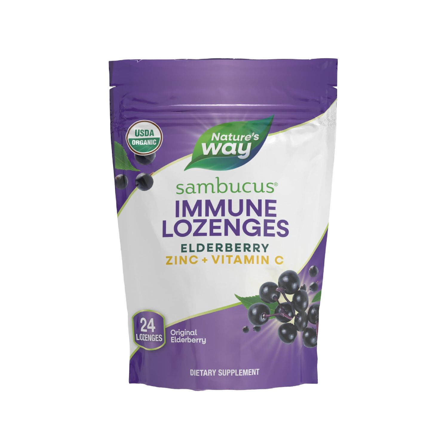 Natures Way Sambucus Organic Zinc Lozenges, Elderberry and Zinc Lozenges with Vitamin C, Certified Organic, 24 Lozenges