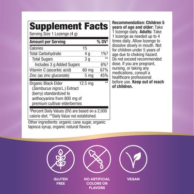 Natures Way Sambucus Organic Zinc Lozenges, Elderberry and Zinc Lozenges with Vitamin C, Certified Organic, 24 Lozenges