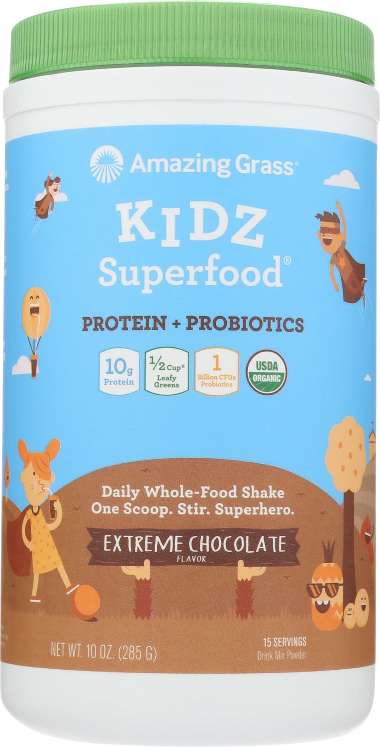 Amazing Grass Kidz Superfood: Vegan Protein &amp; Probiotics for Kids with Beet Root Powder &amp; 1/2 Cup of Leafy Greens, Extreme Chocolate, 15 Servings