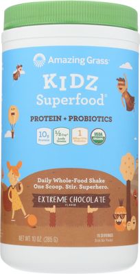 Amazing Grass Kidz Superfood: Vegan Protein &amp; Probiotics for Kids with Beet Root Powder &amp; 1/2 Cup of Leafy Greens, Extreme Chocolate, 15 Servings