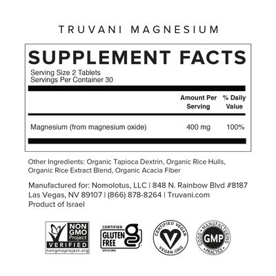 Truvani Magnesium 400mg Oxide Tablets | 60 Tablets | Supports Calm and Sleep, Healthy Bones, Muscle Health, Digestive Health | Non-GMO, Vegan Pills