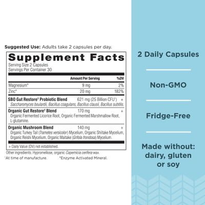 Probiotics by Ancient Nutrition, SBO Probiotics Gut Restore 60 Ct, Promotes Gut Health, Digestive and Immune Support, Gluten Free, Ancient Superfoods Blend, 25 Billion CFUs* Per Serving