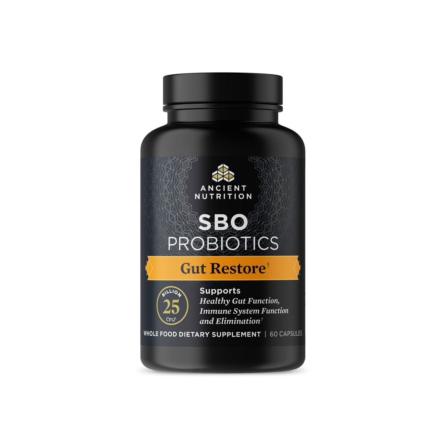 Probiotics by Ancient Nutrition, SBO Probiotics Gut Restore 60 Ct, Promotes Gut Health, Digestive and Immune Support, Gluten Free, Ancient Superfoods Blend, 25 Billion CFUs* Per Serving
