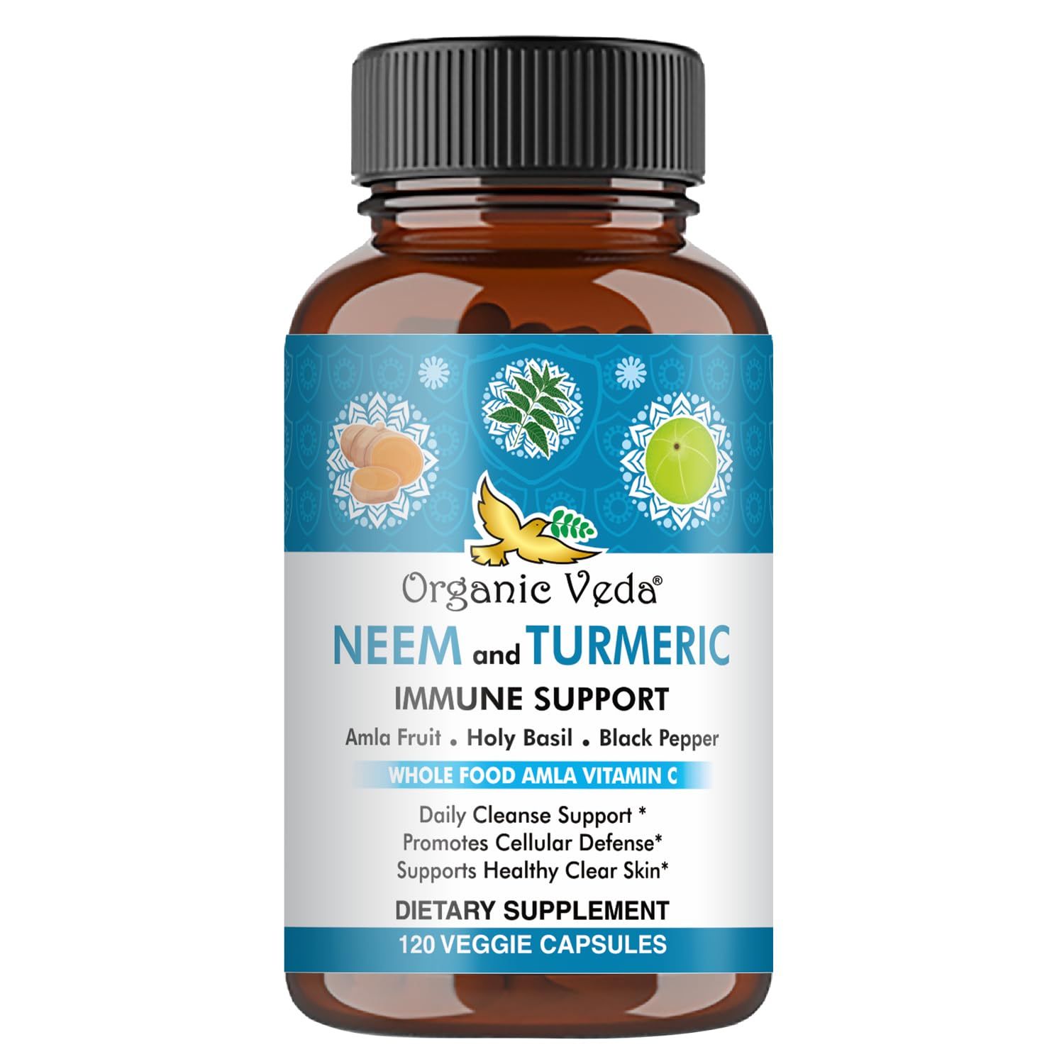 Organic Veda Neem &amp; Turmeric Capsules with Amla Fruit, Tulsi, Holy Basil, Black Pepper Extract - Immune Support Dietary Supplement - Boosts Healthy Clear Skin &amp; Cellular Defense - 120 Vegan Capsules