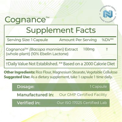 Nootropics Depot Cognance Enhanced Bacopa Capsules | 100mg | 10% Ebelin Lactone | Bacopa monnieri | Mood, Memory, & 5-HT2A Activation, 180 Count (Pack of 1)