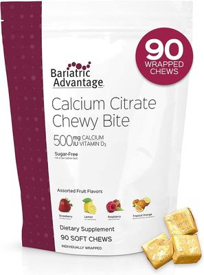 Bariatric Advantage Calcium Citrate Chewy Bites 500 mg - for Bariatric Surgery Patients - Vitamin D3 - Sugar-Free Chewable Calcium Supplement - Bariatric Calcium Chews - Assorted Fruit - 90 Count