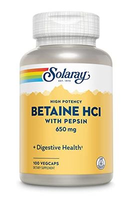 Solaray High Potency Betaine HCL with Pepsin - Hydrochloric Acid Supplement for Digestive Health - with Betaine Hydrochloride and Digestive Enzymes - Gut Health Support - 60-Day Guarantee, 100 VegCaps