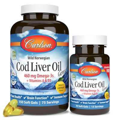 Carlson - Cod Liver Oil Gems, 460 mg Omega-3s, Plus Vitamins A and D3, Wild Caught Norwegian Arctic Cod Liver Oil, Sustainably Sourced Nordic Fish Oil Capsules, Lemon, 150 + 30 Softgels