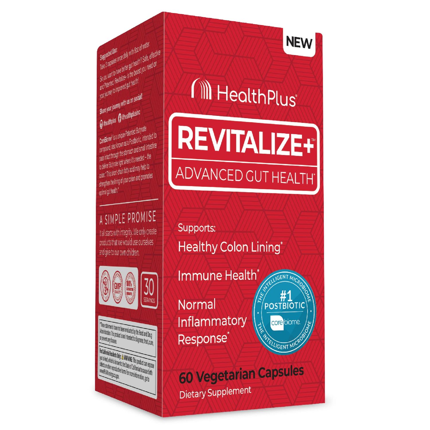 Health Plus Revitalize+ Corebiome Tributyrin Postbiotics for Complete Digestive Health, Leaky Gut, Colon | Gut Health Supplements for Men &amp; Women | 60 Capsules, 30 Servings