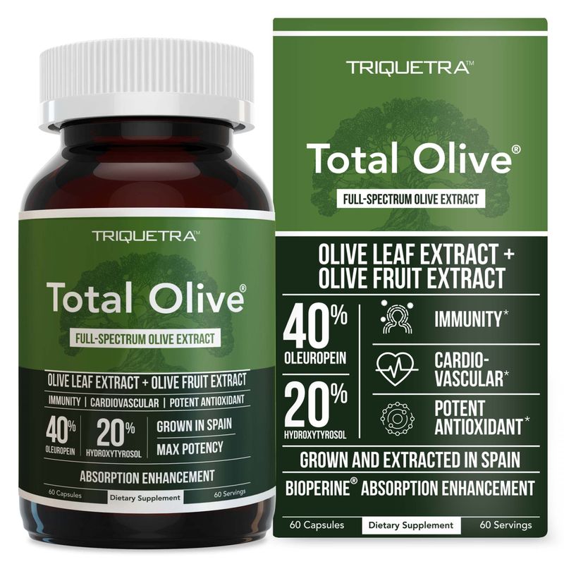 Total Olive - Olive Leaf Extract (40% Oleuropein) Plus Olive Fruit Extract (20% Hydroxytyrosol) - Full Spectrum Extract Grown &amp; Extracted in Spain - BioPerine Absorption Enhancement (60 Count)