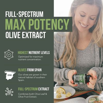 Total Olive - Olive Leaf Extract (40% Oleuropein) Plus Olive Fruit Extract (20% Hydroxytyrosol) - Full Spectrum Extract Grown &amp; Extracted in Spain - BioPerine Absorption Enhancement (60 Count)