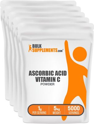 BulkSupplements.com Ascorbic Acid Powder - Vitamin C Supplement, Ascorbic Acid Food Grade - Powdered Vitamin C, Immune Support - Gluten Free, 1g per Serving, 5kg (11 lbs) (Pack of 5)
