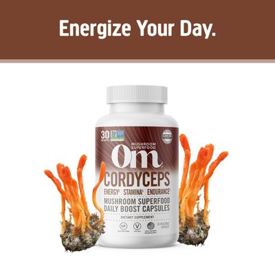 Om Mushroom Superfood Cordyceps Mushroom Capsules Superfood Supplement, 90 Count, 30 Days, Energy, Power, Stamina and Endurance Support, Superfood Supplement for Sports Performance