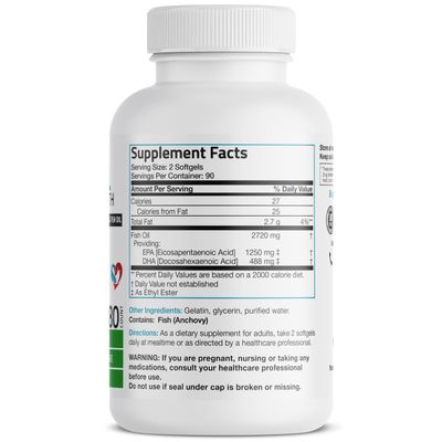 Bronson Omega 3 Fish Oil Triple Strength 2720 mg, High EPA 1250 mg DHA 488 mg, Non-GMO Heavy Metal Tested, 180 Softgels