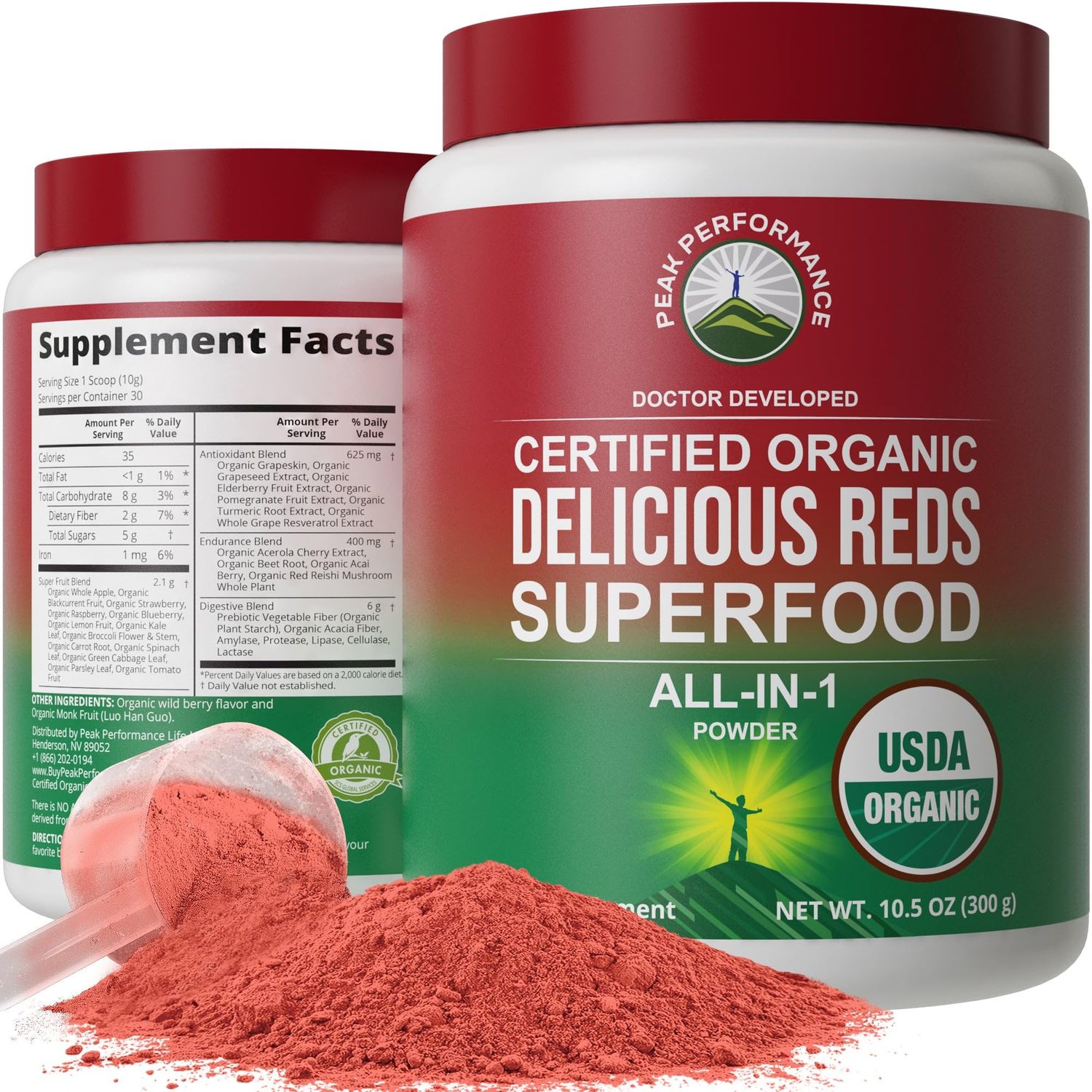 Peak Performance Organic Reds Superfood Powder, Best Tasting Organic Red Juice Super Food w/ 25+ All Natural Ingredients &amp; Polyphenols, Vital for Max Energy and Detox. Raspberry, Elderberry, Beetroot