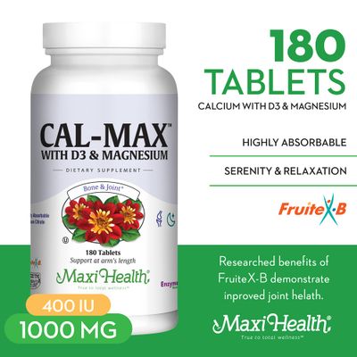 Maxi Health Calcium Magnesium Supplement with Vitamin D3 and Boron - Kosher Bone Health &amp; Nighttime Formula, Calcium Citrate CalMag &amp; Vitamin D (180 Tablets)
