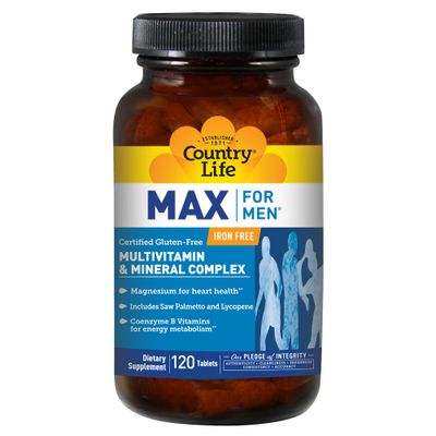 Country Life Max for Men Multivitamin: Iron-Free, Gluten Free,No Artificial Colors; B Vitamins, Magnesium, Saw Palmetto, Lycopene, Daily Support for Energy, Heart &amp; Men&#39;s Health,120 Vegetarian Tablets