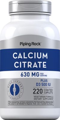Piping Rock Calcium Citrate with Vitamin D3 | 630 mg | 220 Caplets | Non-GMO, Gluten Free Supplement