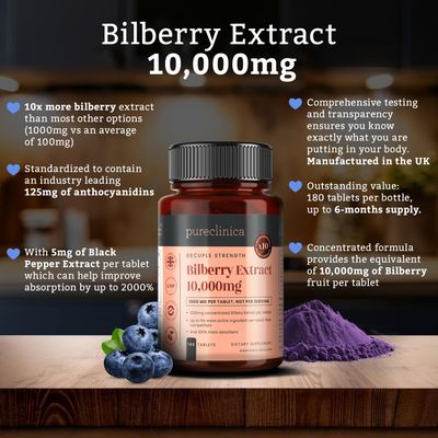 Bilberry Extract 10,000mg x 180 Tablets (6 Months Supply)- 10X More anthocyanidin Plus 5mg Black Pepper per Tablet