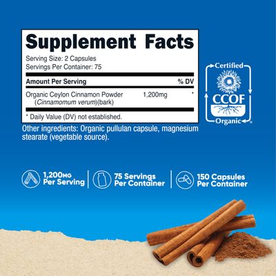Nutricost Organic Cinnamon (Ceylon Cinnamon) 1,200mg Serving, 150 Capsules - Gluten Free, Non-GMO