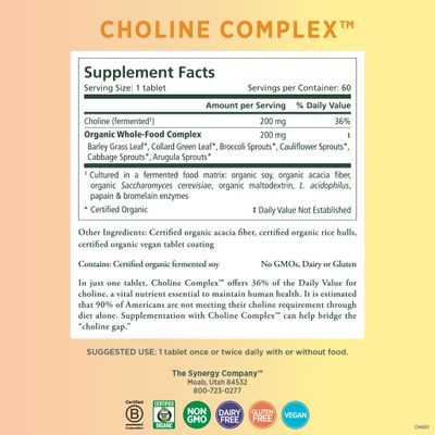 PURE SYNERGY Choline Complex | Vegan Choline Supplement Made with Organic Whole Foods | Non-GMO Bioavailable Choline Complex | for Pregnancy, Brain, and Liver Health (60 Tablets)