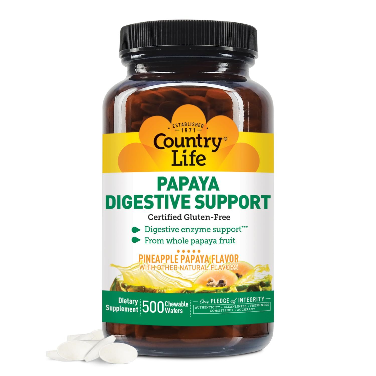 Country Life Chewable Papaya Enzymes for Digestion Support - Natural Pineapple &amp; Papaya Flavor, Assists with Nutrient Absorption, Contains Papain &amp; Protease - 200 and 500 Wafers Available