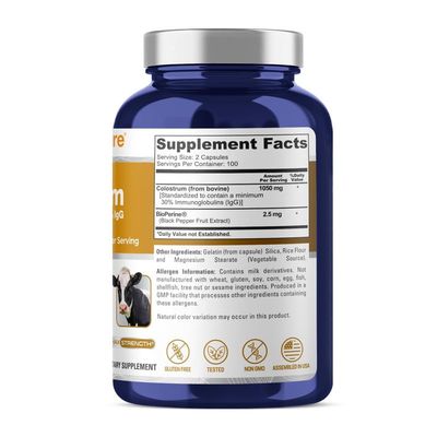 NusaPure Colostrum 1050mg 30% IgG 200 Capsules (Non-GMO, Gluten Free) Bioperine
