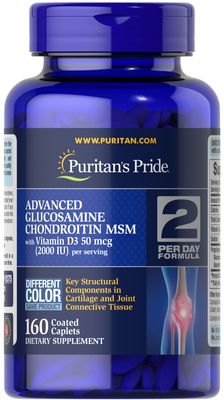 Puritan&#39;s Pride Advanced Glucosamine Chondroitin MSM With Vitamin D3 50mcg (2000 IU), Dietary Supplement for Joint Health, 5 Month Supply, 160 Coated Tablets