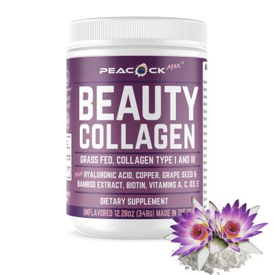Peacock Max Beauty Collagen Peptides 12.28 oz Grape Seed Extract Biotin Pasture Raised Bovine Bamboo Extract Vitamin A C D3 E Copper