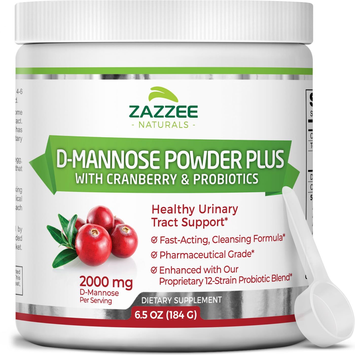 Zazzee D-Mannose Powder Plus, 2000 mg, 67 Servings, Potent &amp; Fast-Acting, Plus 5 Billion CFU Probiotics and Pure Cranberry Juice Extract, Free Scoop, 6.5 Oz, Vegan, Gluten-Free, Non-GMO, All-Natural