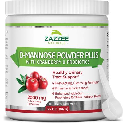 Zazzee D-Mannose Powder Plus, 2000 mg, 67 Servings, Potent &amp; Fast-Acting, Plus 5 Billion CFU Probiotics and Pure Cranberry Juice Extract, Free Scoop, 6.5 Oz, Vegan, Gluten-Free, Non-GMO, All-Natural