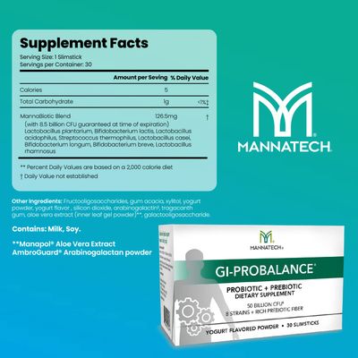 Mannatech Prebiotics and Probiotics, 30 Slimsticks, Yogurt Flavor, GI-ProBalance w/MannaBiotic Blend, Pre and Probiotics Powder for Gut Health, w/ 8 Strains, Rich Prebiotic Fiber & 50 Billion CFU