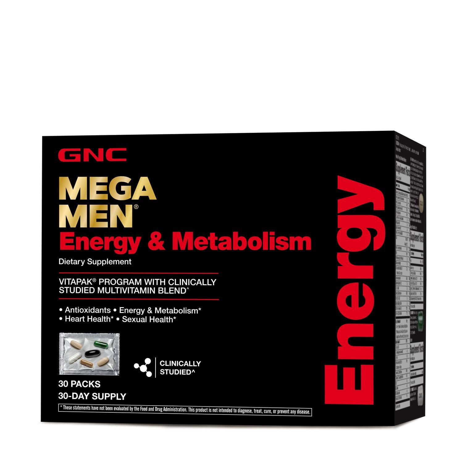 GNC Mega Men Energy &amp; Metabolism Vitapak | Clinically Studied | Energy, Heart Health, and Antioxidants | 30 Count