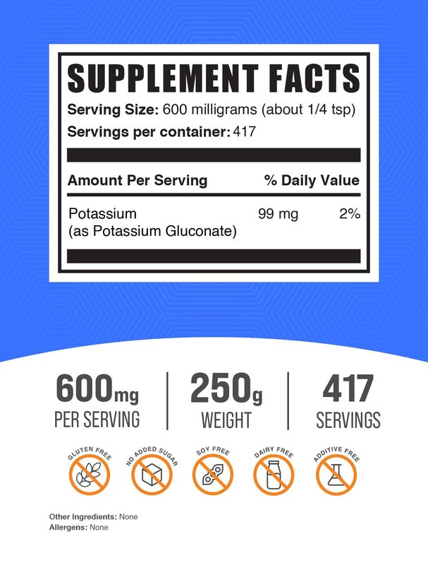 BulkSupplements.com Potassium Gluconate Powder - Potassium Supplement, Potassium Gluconate Supplement, Potassium Powder - Gluten Free, 600mg per Serving (84mg Potassium), 250g (8.8 oz)