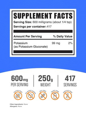 BulkSupplements.com Potassium Gluconate Powder - Potassium Supplement, Potassium Gluconate Supplement, Potassium Powder - Gluten Free, 600mg per Serving (84mg Potassium), 250g (8.8 oz)