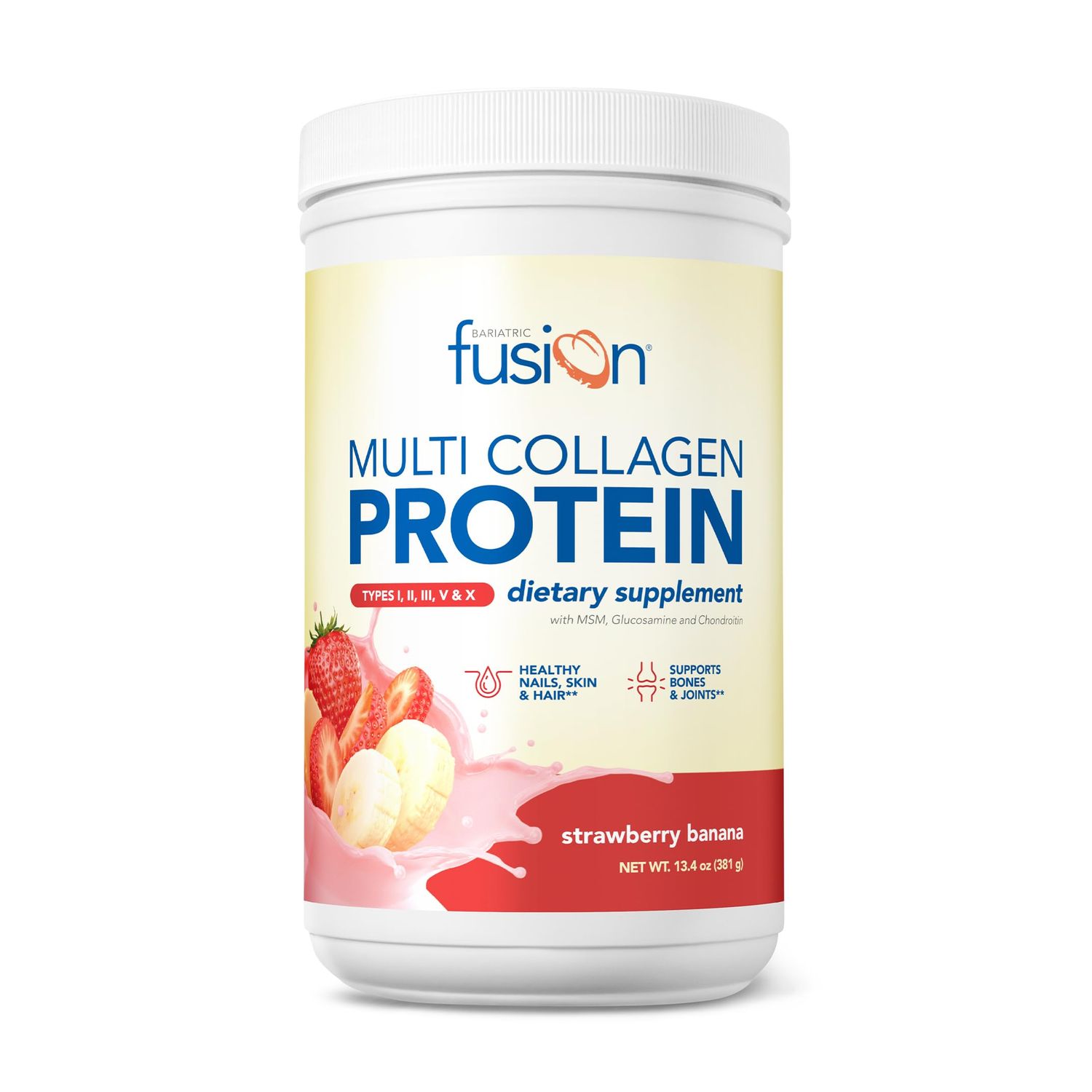 Bariatric Fusion Strawberry Banana Multi Collagen Protein Powder | Plus Joint Support Complex of MSM and Glucosamine | Dairy, Gluten &amp; Soy Free | Non-GMO | 30 Servings